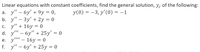 Linear equations with constant coefficients, find the general solution, y. of the following:
а. у" - бу' + 9у — 0,
b. y" — Зу" + 2у %3D 0
c. y" + 16y = 0
d. y" — 6у" + 25у' %3D 0
е. у" — 16у %3D0
f. y" - бу" + 25у — 0
У (0) %3D — 3, у'(0) — — 1
