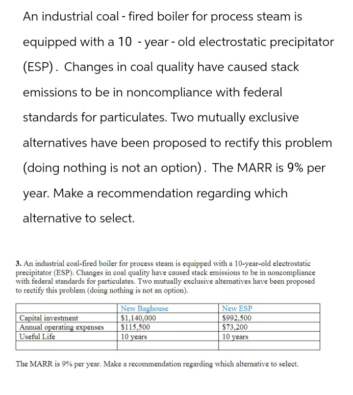 An industrial coal-fired boiler for process steam is
equipped with a 10-year-old electrostatic precipitator
(ESP). Changes in coal quality have caused stack
emissions to be in noncompliance with federal
standards for particulates. Two mutually exclusive
alternatives have been proposed to rectify this problem
(doing nothing is not an option). The MARR is 9% per
year. Make a recommendation regarding which
alternative to select.
3. An industrial coal-fired boiler for process steam is equipped with a 10-year-old electrostatic
precipitator (ESP). Changes in coal quality have caused stack emissions to be in noncompliance
with federal standards for particulates. Two mutually exclusive alternatives have been proposed
to rectify this problem (doing nothing is not an option).
Capital investment
Annual operating expenses
Useful Life
New Baghouse
$1,140,000
$115,500
10 years
New ESP
$992,500
$73,200
10 years
The MARR is 9% per year. Make a recommendation regarding which alternative to select.