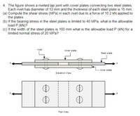 4. The figure shows a riveted lap joint with cover plates connecting two steel plates.
Each rivet has diameter of 12 mm and the thickness of each steel plate is 15 mm.
(a) Compute the shear stress (MPa) in each rivet due to a force of 10.2 kN applied to
the plates.
(b) If the bearing stress in the steel plates is limited to 40 MPa, what is the allowable
load P (kN)?
(c) If the width of the steel plates is 100 mm what is the allowable load P (kN) for a
limited normal stress of 20 MPa?
rivet
cover plate
Steel plate
cover plate
Elevation View
Plan View
