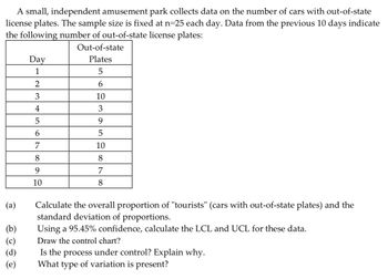 A small, independent amusement park collects data on the number of cars with out-of-state
license plates. The sample size is fixed at n=25 each day. Data from the previous 10 days indicate
the following number of out-of-state license plates:
Out-of-state
Plates
5
6
10
3
9
5
10
8
7
8
(a)
(b)
(c)
(d)
(e)
Day
1
2
3
4
5
6
7
8
9
10
Calculate the overall proportion of "tourists" (cars with out-of-state plates) and the
standard deviation of proportions.
Using a 95.45% confidence, calculate the LCL and UCL for these data.
Draw the control chart?
Is the process under control? Explain why.
What type of variation is present?