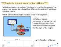 *Typo in the first plot, should be time NOT time2
*****
2****
While investigating the voltage, V, induced in a coil due to motion of the
magnet you studied the effect of four different elements on V and found
following graphs.
Which is the suitable model equation based on these graphs?
In the listed model,
n is number of turns in the coil;
r is radius of the coil; t is the
time of motion of the magnet;
O is the angle of the magnet
voltage
N S
10
V vs t
V vs Number of turns
6
LO
