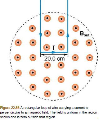 Bout's
20.0 cm
Figure 22.56 A rectangular loop of wire carrying a current is
perpendicular to a magnetic field. The field is uniform in the region
shown and is zero outside that region.
