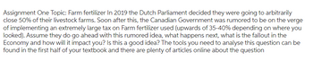 Assignment One Topic: Farm fertilizer In 2019 the Dutch Parliament decided they were going to arbitrarily
close 50% of their livestock farms. Soon after this, the Canadian Government was rumored to be on the verge
of implementing an extremely large tax on Farm fertilizer used (upwards of 35-40% depending on where you
looked). Assume they do go ahead with this rumored idea, what happens next, what is the fallout in the
Economy and how will it impact you? Is this a good idea? The tools you need to analyse this question can be
found in the first half of your textbook and there are plenty of articles online about the question