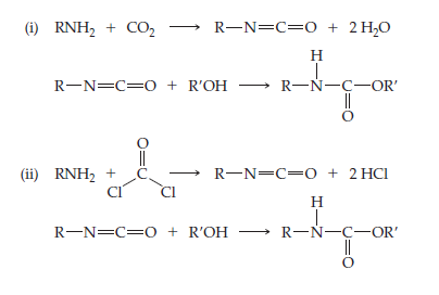 (1) RNH, + CO2
R-N=C=0 + 2 H,0
Н
R-N=C=0 + R'OH
R-N-C-OR'
||
(ii) RNH2 +
R-N=C=0 + 2 HCI
н
R-N=C=0 + R'OH → R-N-C-OR'
