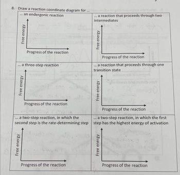 8. Draw a reaction coordinate diagram for ...
an endergonic reaction
***
***
Free energy
Free energy
Free energy
Progress of the reaction
a three-step reaction
Progress of the reaction
... a reaction that proceeds through two
intermediates
Progress of the reaction
Free energy
Progress of the reaction
a reaction that proceeds through one
transition state
***
Progress of the reaction
a two-step reaction, in which the
***
a two-step reaction, in which the first
second step is the rate-determining step step has the highest energy of activation
Free energy
Free energy
Progress of the reaction