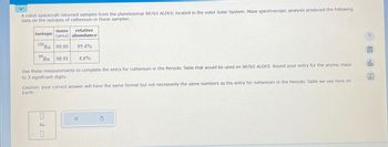 A robot spacecraft returned samples from the planetesimal 98765 ALEKS, located in the outer Solar System. Mass-spectroscopic analysis produced the following
data on the isotopes of ruthenium in these samples:
mass relative
isotope (amu) abundance
100,
Ru 99.90 95.4%
99.
Ru 98.91
4.6%
Use these measurements to complete the entry for ruthenium in the Periodic Table that would be used on 98765 ALEKS. Round your entry for the atomic mass
to 3 significant digits.
?
Ar
Caution: your correct answer will have the same format but not necessarily the same numbers as the entry for ruthenium in the Periodic Table we use here on
Earth.
Ru
☐