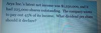 Arya Inc.'s latest net income was $1,250,000, and it
had 225,00o shares outstanding. The company wants
to pay out 45% of its income, What dividend per share
should it declare?
