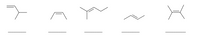 The image shows five chemical structures, each likely representing different organic compounds with double bonds. Below each structure is an underscore line indicating a blank space, typically used for naming or identifying the compounds in an educational setting.

1. **First Structure:**
   - This structure depicts a linear arrangement with a double bond, indicating the presence of an alkene group. There are single bonds extending from the main chain.
   - Likely represents a simple alkene like propene.

2. **Second Structure:**
   - This is a cyclic arrangement with a double bond inside the ring, indicating probably a cycloalkene.
   - Could likely be cyclopropene given the three-membered ring.

3. **Third Structure:**
   - This structure has a more complex arrangement with a chain extending from a cyclic part that includes a double bond.
   - Resembles a compound like 1-methylcyclohexene.

4. **Fourth Structure:**
   - This is another cyclic structure but includes a side chain with a double bond.
   - Potentially represents cyclopentene with a substituent.

5. **Fifth Structure:**
   - Shows a ring structure with six members, containing a double bond.
   - Likely represents cyclohexene.

Each structure is designed without explicit hydrogen atoms, following typical organic chemistry structural representations where carbon atoms are implied at the vertices and hydrogen atoms are assumed to fulfill the valency of carbon unless other elements are shown.