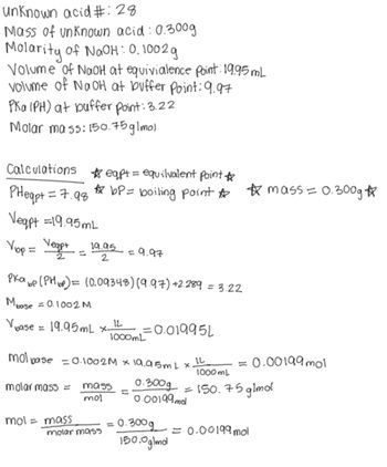 unknown acid #: 28
Mass of unknown acid: 0.300g
Molarity of NaOH: 0.1002g
Volume of NaOH at equivialence Point: 19.95 mL
volume of NaOH at buffer Point: 9.97
PKa IPH) at puffer Point: 3.22
Molar mass: 150.75 g/mol.
eqpt = equilvalent point☆
Calculations
PHeqpt = 7.98
bP= boiling point ☆ ☆ mass = 0.300g☆
Vegpt =19.95mL
Vop = Veapt -19.95 -9.97
2.
2
pka.bp (PH 6p) = 10.09348) (9.97) +2.289 = 3.22
bP
Mbase = 0.1002 M
Vbase =
19.95 mL x
IL
=0.01995L
1000mL
mol pase =0.1002M x 19.95mL x.
12
=
= 0.00199 mol
1000mL
molar mass =
mass 0.3009 =150.75 glmol
mol
=
0.00199m0
mol = mass
-
=0.300g
molar mass
= 0.00199 mol
150.0glmol