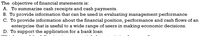 The objective of financial statements is:
A. To summarize cash receipts and cash payments.
B. To provide information that can be used in evaluating management performance
C. To provide information about the financial position, performance and cash flows of an
enterprise that is useful to a wide range of users in making economic decisions.
D. To support the application for a bank loan
