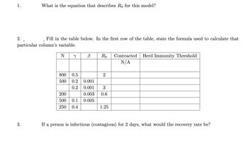 1.
What is the equation that describes Ro for this model?
2..
Fill in the table below. In the first row of the table, state the formula used to calculate that
particular column's variable.
N y
3.
B
800 0.5
500 0.2 0.001
0.2 0.001
200
0.003
500 0.1 0.005
250 0.4
Ro
2
3
0.6
1.25
Contracted Herd Immunity Threshold
N/A
If a person is infectious (contagious) for 2 days, what would the recovery rate be?