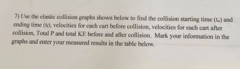 7) Use the elastic collision graphs shown below to find the collision starting time (to) and
ending time (tr), velocities for each cart before collision, velocities for each cart after
collision, Total P and total KE before and after collision. Mark your information in the
graphs and enter your measured results in the table below.