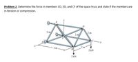 Problem 2. Determine the force in members CD, ED, and CF of the space truss and state if the members are
in tension or compression.
2 m/
2 m
2m
3 m
2 kN
2 kN
