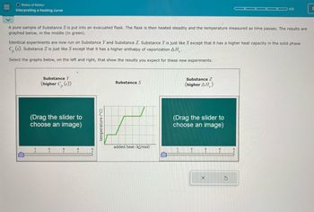 O States of Matter
Interpreting a heating curve
0/5
E
A pure sample of Substance S is put into an evacuated flask. The flask is then heated steadily and the temperature measured as time passes. The results are
graphed below, in the middle (in green).
Identical experiments are now run on Substance Y and Substance Z. Substance Y is just like S except that it has a higher heat capacity in the solid phase
C, (s). Substance Z is just like S except that it has a higher enthalpy of vaporization AH,.
Select the graphs below, on the left and right, that show the results you expect for these new experiments.
Substance Y
(higher C. (s))
(Drag the slider to
choose an image)
2
temperature (°C)
Substance S
Substance Z
(higher AH)
(Drag the slider to
choose an image)
added heat (kJ/mol)
2
X
G