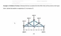 your A
Doparmment of Civl Engineeng
College of Engneeing
hversity of Minan
Instructor. Dr. Murtada Abass
Example 2 of Method of Sections: Determine the force in member EB of the FBD of the roof truss shown in the Figure
below. Indicate the member in compression (C) or in tension (T).
1000 N
3000 N
1000 N
1000 N
B
-2 m
-2 m-
2 m
4000 N
2000 N
(a)
