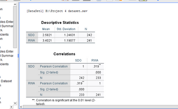 on
6
bles Enter
I Summar
"A
icients
on
6
bles Enter
I Summar
A
icients
6
Dataset
1
1
[DataSetl] H:\Project 4 dataset. sav
SDO
RWA
Descriptive Statistics
Std. Deviation
1.24631
1.19077
Mean
2.5821
3.4021
Correlations
SDO Pearson Correlation
Sig. (2-tailed)
N
RWA Pearson Correlation
Sig. (2-tailed)
N
SDO
1
242
.319**
N
242
241
RWA
.319**
.000
233
1
.000
233
**. Correlation is significant at the 0.01 level (2-
tailed).
241