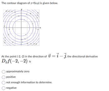 The contour diagram of z=f(x,y) is given below.
10-
16
12
16-
-8
16
At the point (-2,-2) in the direction of v = 1 − ], the directional derivative
Dif(-2,-2) is
approximately zero
positive
not enough information to determine.
negative
-