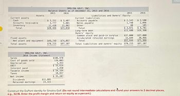 es
Current assets
Cash
Accounts receivable
Inventory
Total
Assets
Sales
Cost of goods sold
Depreciation
Fixed assets
Net plant and equipment $49,749 $74,097
Total assets
$70,215
$97,107
EBIT
Interest paid
Taxable income
Taxes
SMOLIRA GOLF, INC.
Balance Sheets as of December 31, 2015 and 2016
2015
2016
SMOLIRA GOLF, INC.
2016 Income Statement
Net income
Dividends
Retained earnings
$3,251
4,777
$ 3,407
5,801
13,802
12,438
$20,466 $23,010
$11,885
23,322
$186,970
126,003
5,353
$ 55,614
1,450
$ 54,164
18,957
$ 35,207
2015
Liabilities and Owners' Equity
Current liabilities
Accounts payable
Notes payable
Other
Total
Long-term debt
Owners' equity
Common stock and paid-in surplus
Accumulated retained earnings
Total
2016
$ 2,143 $ 2,580
1,740 2,096
88
105
$3,971 $4,781
$13,600 $16,360
$37,000
15,644
$37,000
38,966
$52,644 $75,966
Total liabilities and owners' equity $70,215 $97,107
Construct the DuPont identity for Smolira Golf. (Do not round intermediate calculations and round your answers to 2 decimal places,
e.g., 32.16. Enter the profit margin and return on equity as a percent.)
Check