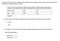 **Comparison of Player Performance**

Two players, Fredo and Karl, on different teams wanted to find out who scored the higher number of points when compared to the other players on their team.

**Table 2.57: Player Performance**

| Player | His Average Points | Other's Average Points | Other's Standard Deviation |
|--------|--------------------|------------------------|----------------------------|
| Fredo  | 167                | 187                    | 20                         |
| Karl   | 175                | 199                    | 20                         |

**a. Compare Player Average Points**

Which player had the higher average points when compared to the other players on his team?

- ⦿ Fredo
- ○ Karl

**b. Calculate Three Standard Deviations Above the Mean**

Use Table 2.57 to find the value that is three standard deviations above the mean for each team.

Enter the exact answers:

- Fredo's team: [Number]
- Karl's team: [Number]

**Explanation:**

To calculate three standard deviations above the mean for each team, add three times the standard deviation to the average points for each team:

- For Fredo's team: \(187 + (3 \times 20) = 247\)
- For Karl's team: \(199 + (3 \times 20) = 259\)