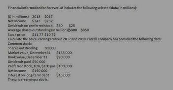 Financial information for Forever 18 includes the following selected data (in millions):
($ in millions) 2018
2017
Net income
$243 $252
Dividends on preferred stock $30
$25
Average shares outstanding (in millions) $300 $350
Stock price
$11.77 $10.72
Calculate the price-earnings ratio in 2017 and 2018. Farrell Company has provided the following data:
Common stock:
Market value, December 31
Shares outstanding
Book value, December 31
30,000
$165,000
$90,000
Dividends paid $50,000
Preferred stock, 10%, $100 par $100,000
Net income $150,000
Interest on long-term debt
The price-earnings ratio is:
$15,000