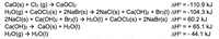 CaO(s) + Cl2 (g) → CaOCl2
H2O(g) + CaOCl2(s) + 2NaBr(s) → 2NaCI(s) + Ca(OH)2 + Br2(1) AH° = -104.3 kJ
2NaCl(s) + Ca(OH)2 + Br2(1) → H20(1) + CaOCl2(s) + 2NaBr(s) AH° = 60.2 kJ
Ca(OH)2 → CaO(s) + H2O(1)
H2O(g) → H2O(I)
AH° = -110.9 kJ
AH° = + 65.1 kJ
AH° =
44.1 kJ
