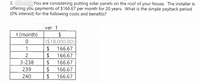 2.
You are considering putting solar panels on the roof of your house. The installer is
offering you payments of $166.67 per month for 20 years. What is the simple payback period
(0% interest) for the following costs and benefits?
ver 1
t (month)
$
0
($18,000.00)
1
$ 166.67
2
$
166.67
3-238
$
166.67
239
$ 166.67
240
$
166.67