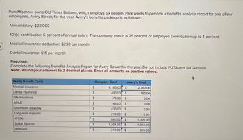 Park Mischner owns Old Times Buttons, which employs six people. Park wants to perform a benefits analysis report for one of the
employees, Avery Bower, for the year. Avery's benefits package is as follows:
Annual salary: $22,000
401(k) contribution: 6 percent of annual salary. The company match is 75 percent of employee contribution up to 4 percent.
Medical insurance deduction: $230 per month
Dental insurance: $15 per month
Required:
Complete the following Benefits Analysis Report for Avery Bower for the year. Do not include FUTA and SUTA taxes.
Note: Round your answers to 2 decimal places. Enter all amounts as positive values.
Yearly Benefit Costs
Medical insurance
Company Cost
Avery's Cost
$
9,180.00 $
2,760.00
Dental insurance
$
490.00 $
EA
180.00
Life insurance
$
EA
170.00 $
69
0.00
AD&D
$
43.00
69
$
0.00
Short-term disability
$
430.00 $
0.00
Long-term disability
$
215.00 $
69
0.00
401(k)
$
880.00 $
69
1,320.00
Social Security
$
69
1,364.00 $
69
1,364.00
Medicare
$
69
319.00 $
319.00