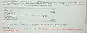 Kenny Ltd. is considering a project that would require a $2,815,000 investment in equipment with a useful life of five years. At the end
of five years, the project would terminate and the equipment would be sold for its salvage value of $500,000. The company's discount
rate is 10%. The project would provide net operating income each year as follows:
Sales
$2,865,000
Variable expenses
1,015,000
Contribution margin.
1,850,000
Fixed expenses:
Advertising, salaries and other fixed out-of-pocket costs $750,000
Depreciation
463,000
Total fixed expenses
1,213,000
Net operating income
$ 637,000
Click here to view Exhibit 10-1 and Exhibit 10-2, to determine the appropriate discount factor(s) using tables.
Required:
What is the present value of the project's annual net cash inflows? (Round discount factor(s) to 3 decimal places and final answer to
the nearest dollar amount.)