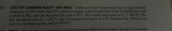 0-8 COST OF COMMON EQUITY AND WACC Palencia Paints Corporation has a target capital
structure of 35% debt and 65% common equity, with no preferred stock. Its before-tax cost
of debt is 8%, and its marginal tax rate is 25%. The current stock price is P = $22.00. The
last dividend was D = $2.25, and it is expected to grow at a 5% constant rate. What is its
cost of common equity and its WACC?
C
WACC
0
The Paulson Company's year-end balance sheet is shown here. Its cost of common