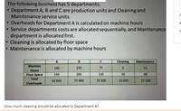 The following business has 5 departments:
Department A, B and C are production units and Cleaning and
Maintenance service units.
• Overheads for Department A is calculated on machine hours
• Service departments costs are allocated sequentially, and Maintenance
department is allocated first.
Cleaning is allocated by floor space
• Maintenance is allocated by machine hours
A
A
Cleaning
Malntenance
Machine
100
250
75
5
10
Hours
Floor Space
200
50
60
150
120
Total
50 000
75 000
25 000
15 000
17 500
Overheads
How much cleaning should be allocated to Department A?
