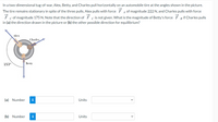 In a two-dimensional tug-of-war, Alex, Betty, and Charles pull horizontally on an automobile tire at the angles shown in the picture.
The tire remains stationary in spite of the three pulls. Alex pulls with force FA of magnitude 222 N, and Charles pulls with force
F c of magnitude 175 N. Note that the direction of F c is not given. What is the magnitude of Betty's force F B if Charles pulls
in (a) the direction drawn in the picture or (b) the other possible direction for equilibrium?
Alex
Charles
153°
Betty
(a) Number
i
Units
(b) Number
i
Units
