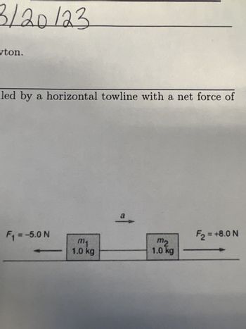 3/20/23
wton.
led by a horizontal towline with a net force of
F₁ = -5.0 N
m₁
1.0 kg
m2
1.0 kg
F₂ = +8.0 N