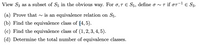 View \( S_3 \) as a subset of \( S_5 \) in the obvious way. For \( \sigma, \tau \in S_5 \), define \( \sigma \sim \tau \) if \( \sigma \tau^{-1} \in S_3 \).

(a) Prove that \( \sim \) is an equivalence relation on \( S_5 \).

(b) Find the equivalence class of \((4, 5)\).

(c) Find the equivalence class of \((1, 2, 3, 4, 5)\).

(d) Determine the total number of equivalence classes.