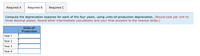 Required A
Required B
Required C
Compute the depreciation expense for each of the four years, using units-of-production depreciation. (Round cost per unit to
three decimal places. Round other intermediate calculations and your final answers to the nearest dollar.)
Units-of-
Production
Year 1
Year 2
Year 3
Year 4
