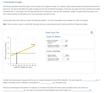 7. Determinants of supply
The following calculator shows the supply curve for sedans in an imaginary market. For simplicity, assume that all sedans are identical and sell for the
same price. Two factors that affect the supply of sedans are the level of technical knowledge in this case, the speed with which manufacturing robots
can fasten bolts, or robot speed-and the wage rate that auto manufacturers must pay their employees. Initially, the graph shows the supply curve
when robots can fasten 2,500 bolts per hour and autoworkers earn $25 per hour.
Use the graph input tool to help you answer the following questions. You will not be graded on any changes you make to this graph.
Note: Once you enter a value in a white field, the graph and any corresponding amounts in each grey field will change accordingly.
PRICE (Thousands of dollars)
o
50
40
30
20
ō
0
0
Supply
100 200 300 400 500 600 700 800 900
QUANTITY (Sedans per month)
Graph Input Tool
Supply for Sedans
Price of a Sedan
(Thousands of
dollars)
Quantity Supplied
(Sedans per month)
SUPPLY SHIFTERS
Robot Speed
(Bolts per hour)
Autoworker Wage
(Dollars per hour)
20
225
2500
25
Consider the previous graph. Suppose that the price of a sedan decreases from $25,000 to $20,000. This would cause the
sedans to decrease, which is reflected on the graph by a
the supply curve.
Following a technological improvement-for example, an increase in the speed with which robots can attach bolts to cars-there is a
the supply curve because the technological improvement makes cars
?
of