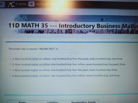 r E-Alpha
My Courses
11D MATH 35 ---
Introductory Business Mafie
A irilla n
The proper way to express "986,944,760.3" is:
a. Nine hundred eighty-six million, nine hundred forty-four thousand, seven hundred sixty, and three
O b. Nine hundred eighty-six billion, nine hundred forty-four million, seven hundred sixty thousand, three
Oc. Nine hundred eighty-six trillion, nine hundred forty-four thousand, seven hundred sixty-three
O d. Nine hundred eighty-six billion, nine hundred forty-four million, seven hundred sixty, and three
Assets
Liahilities
Shareholders' Equity
