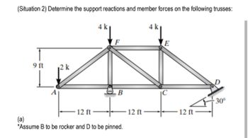 (Situation 2) Determine the support reactions and member forces on the following trusses:
9 ft
A
2 k
12 ft
B
(a)
*Assume B to be rocker and D to be pinned.
12 ft
4k|
E
C
12 ft
-30°