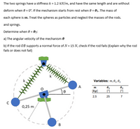 The two springs have a stiffness k = 1.2 kN/m, and have the same length and are without
deform when 8 = 0°. If the mechanism starts from rest when 0 = 01. The mass of
each sphere is m. Treat the spheres as particles and neglect the masses of the rods.
and springs.
Determine when 0 = 02:
a) The angular velocity of the mechanism
b) If the rod OB supports a normal force of N = 15 N, check if the rod fails (Explain why the rod
fails or does not fail)
Variables: m, 0₁,0₂
A
m
0₁
0₂
e
[kg]
[]
[°]
2,5
25
7
C
0,25 m
B