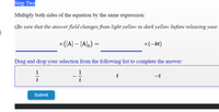 Step Two
Multiply both sides of the equation by the same expression:
(Be sure that the answer field changes from light yellow to dark yellow before releasing your
x ([A] – [A],) =
x(-kt)
Drag and drop your selection from the following list to complete the answer:
1
1
t
-t
t
t
Submit
