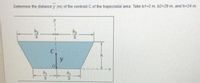 Determine the distance y (m) of the centroid C of the trapezoidal area. Take b1-2 m, b2-29 m, and h-24 m.
C
y
