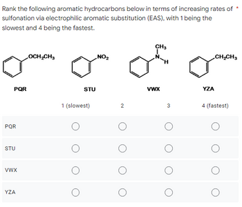 Rank the following aromatic hydrocarbons below in terms of increasing rates of
sulfonation via electrophilic aromatic substitution (EAS), with 1 being the
slowest and 4 being the fastest.
CH3
I
CH₂CH3
OCH₂CH3
.NO₂
PQR
PQR
STU
VWX
YZA
STU
1 (slowest)
2
VWX
3
YZA
4 (fastest)