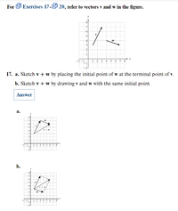 For Exercises 17-20, refer to vectors v and w in the figure.
5
x
-2-1
1 2 3 4 5 6 7 8
17. a. Sketch v + w by placing the initial point of w at the terminal point of v.
b. Sketch v + w by drawing v and w with the same initial point.
Answer
a.
3 4 5 6 7 8
b.
4
3 4 567 8
A
N