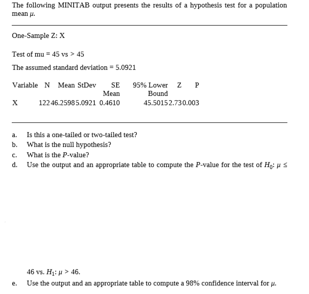 Answered: The following MINITAB output presents… | bartleby