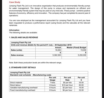 Case Study
Jumping Flash Pty Ltd is an innovative organisation that produces environmentally friendly pumps
for water management. The design of this pump is unique and represents an efficient and
environmentally friendly system that may be used on any mine site. These pumps combine positive
features of economy, efficiency and innovation. The company has just completed its second year of
operations.
You are now employed as the management accountant for Jumping Flash Pty Ltd and you have
been requested to produce a performance report (using Excel) and the calculate all the relevant
variances.
Information
The following details are available:
1. SALES AND SALES REVENUE
Jumping Flash Pty Ltd
Units and revenue details for the period 01 July - 30 September 2018
Sales (units)
Sales revenue
Actual
Master (Fixed) Budget
16,500
15,000
$
$
5,362,500
5,250,000
Note: Both these production levels are within the relevant range.
2. STANDARD COST DETAILS
Jumping Flash Pty Ltd
Standard cost schedule - Manufacturing costs
Per unit
Usage
Direct material
7 kilos
Per unit
Rate
$5 per kilo
Per unit
$
35.00
Direct labour
8 hours
$10 per hour
80.00
Variable manufacturing overhead
8 hours
$2 per hour
16.00
Fixed manufacturing overhead
8 hours
$4 per hour
32.00