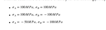 •
•
•
A = 100MPa, og = 100MPa
A = 100MPa, OB = -100MPa
A = -50MPa, B = -100MPa