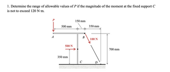 1. Determine the range of allowable values of P if the magnitude of the moment at the fixed support C
is not to exceed 120 N.m.
P
A
500 mm
500 N
350 mm
150 mm
B
C
350 mm
100 N
700 mm