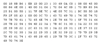 33 69 OA CO | 08 00 45 00
73 B9 83 D4
BC 50 50 18
00 18 8B B6 | EB 1D 00 23 |
00 86 6E 00 | 40 00 31 06 | 72 06 4C OD
25 D1 00 50 | 11 7F OE 7C 4E 05 7C 31 |
F9 2F 05 A3 00 00 3C 73 | 63 72 69 70 |
79 7B 70 61 | 72 65 6E 74 | 2E 79 66 73 |
74 3E 74 72
5F 75 31 66
28 7B 22 54 | 54 4D 22 3A
7B 6C 31 30 |
3A 22 33 30
2E 39 38 22 |
2C 63 31 30 |
3A 22
2D 31 | 2E 37 33 22
2C 70 32 30 |
3A 22 2D 35 | 2E 32 39 22 | 7D 7D 29 3B
7D 63 61 74 | 63 68 28 65 |
29 7B 7D 3C | 2F 73 63 72
69 70 74 3E