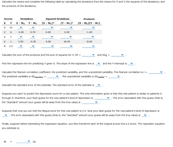 Calculate the means and complete the following table by calculating the deviations from the means for X and Y, the squares of the deviations, and
the products of the deviations.
Scores
Y
10
X
0
2
4
6
8
6
7
1
2.5
Deviations
X - MX Y - My
-2.00
2.00
0.70
Ży
-4.30
Squared Deviations
=
(X - MX)²
4.00
4.00
(Y - My)²
0.49
Calculate the sum of the products and the sum of squares for X. SP =
18.49
ZX
Products
(X - MX)(Y - My)
Find the regression line for predicting Y given X. The slope of the regression line is
-1.40
-8.60
Calculate the standard error of the estimate. The standard error of the estimate is
Calculate the Pearson correlation coefficient, the predicted variability, and the unpredicted variability. The Pearson correlation is r =
The predicted variability is SSregression =
. The unpredicted variability is SS residual =
and SSX =
Suppose you want to predict the depression score for a new patient. The only information given is that this new patient is similar to patients A
through E; therefore, your best guess for the new patient's level of depression is
. The error associated with this guess (that is,
the "standard" amount your guess will be away from the true value) is
and the Y intercept is
Suppose that now you are told the fatigue score for this new patient is 5.5. Now your best guess for the new patient's level of depression is
The error associated with this guess (that is, the "standard" amount your guess will be away from the true value) is
Finally, suppose before estimating the regression equation, you first transform each of the original scores into a z-score. The regression equation
you estimate is: