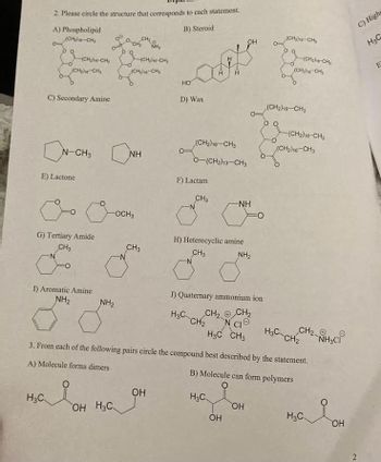 2. Please circle the structure that corresponds to each statement.
A) Phospholipid
B) Steroid
(CH₂he-CH₂
00
(CH₂)-CH₂
(CH₂he-CH₂
H₂C
E) Lactone
C) Secondary Amine.
N-CH3
G) Tertiary Amide
CH3
I) Aromatic Amine
NH₂
op
i
NH₂
-O
OH H3C
CH₂
NH₂
(CH₂)-CH₂
(CH₂)16-CH₂
-OCH3
NH
CH3
HO
OH
D) Wax
F) Lactam
CH3
H
(CH₂)16-CH3
0-(CH₂)13-CH3
Н
H3C-CH₂
H) Heterocyclic amine
CH3
OH
OH
-NH
J) Quaternary ammonium ion
CH₂ CH₂
NCI
H3C CH3
NH₂
OH
0 0
(CH₂)16-CH₂
00
-O
(CH₂hs-CH₂
(CH₂)16-CH3
(CH₂)16-CH₂
3. From each of the following pairs circle the compound best described by the statement.
A) Molecule forms dimers
B) Molecule can form polymers
H₂C
(CH₂)16-CH3
(CH₂)16-CH3
H3C-CH₂
CH₂
H3C
20
NH3CI
OH
C) Highe
H3C
2