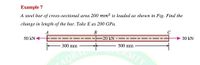 Еxample 7
A steel bar of cross-sectional area 200 mm2 is loaded as shown in Fig. Find the
change in length of the bar. Take E as 200 GPa.
A
В
50 kN+
20 kN
30 kN
- - --
300 mm
500 mm
RSITY
AQBA
